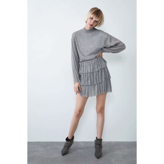 Zara Metallic Silver Mock Neck Mini Dress Size Small