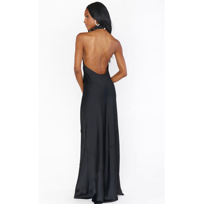Show Me Your Mumu Jasmine Halter Maxi Dress in Black Satin Size Small