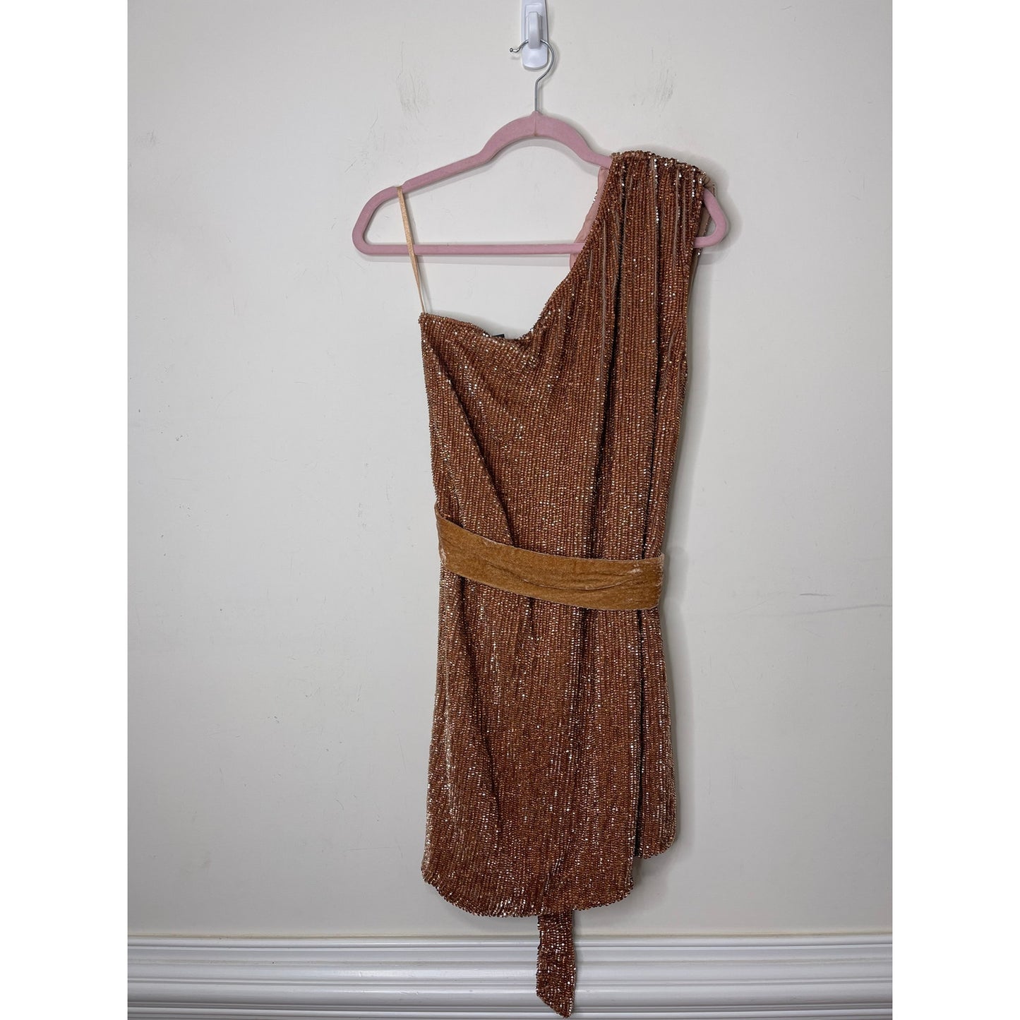Retrofete The Ella Sequin Dress in Bronze Size XL Embellished One Shoulder Lined