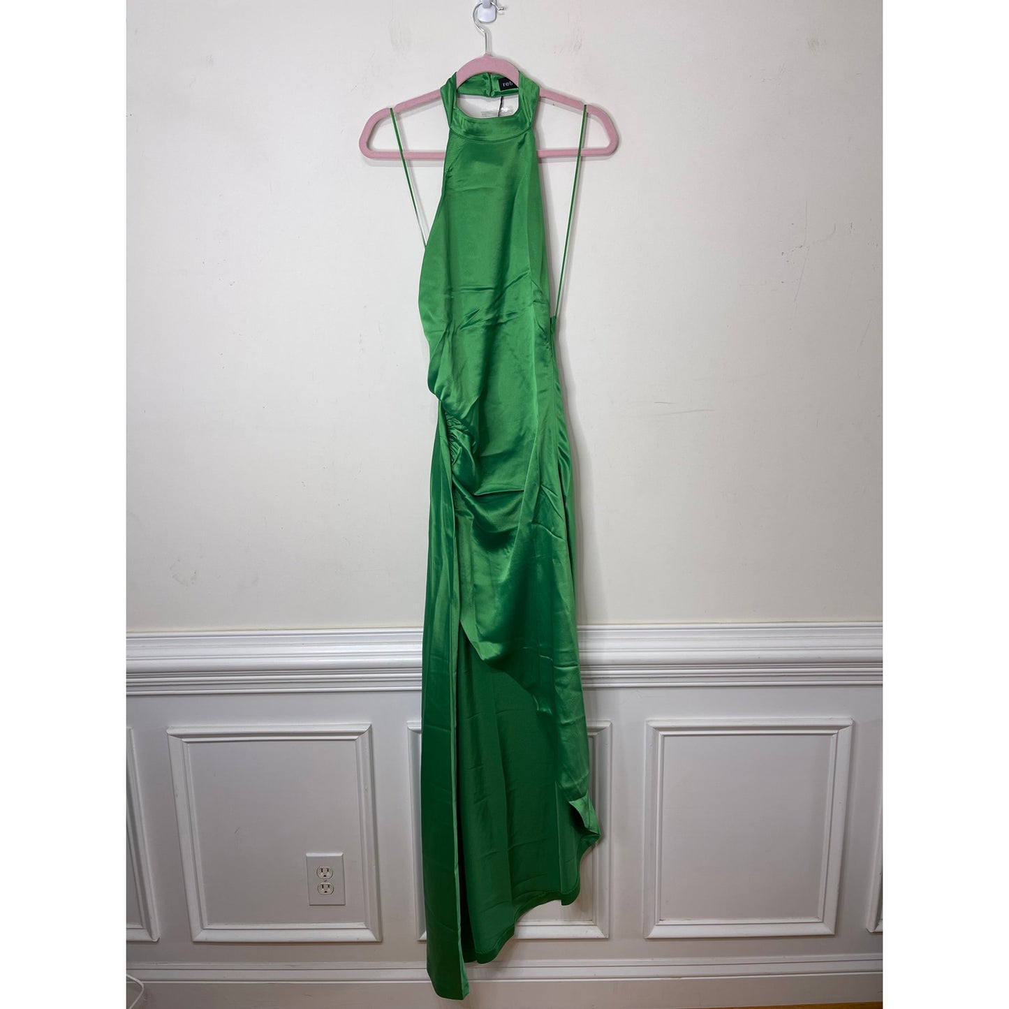 Retrofete Sabrina Dress in Natural Green Large Asymmetrical Sleeveless Satin