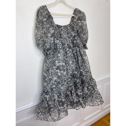 Selkie The French Puff Dress Small Navy Blue Floral Short Sleeve Square Neck