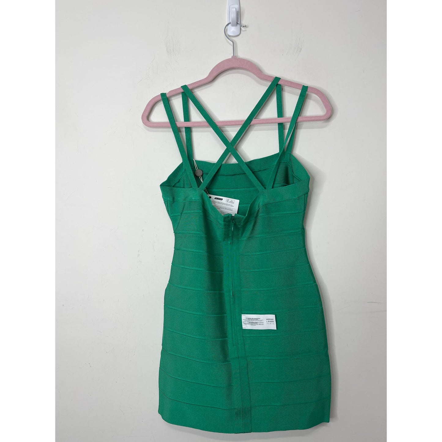 Herve Leger Criss-Cross Back Strappy Mini Dress Green Opal Large Spaghetti Strap