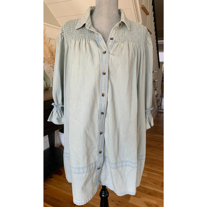 Free People Chambray Shirt Dress in Light Blue Medium Button Front 3/4 Sleeve