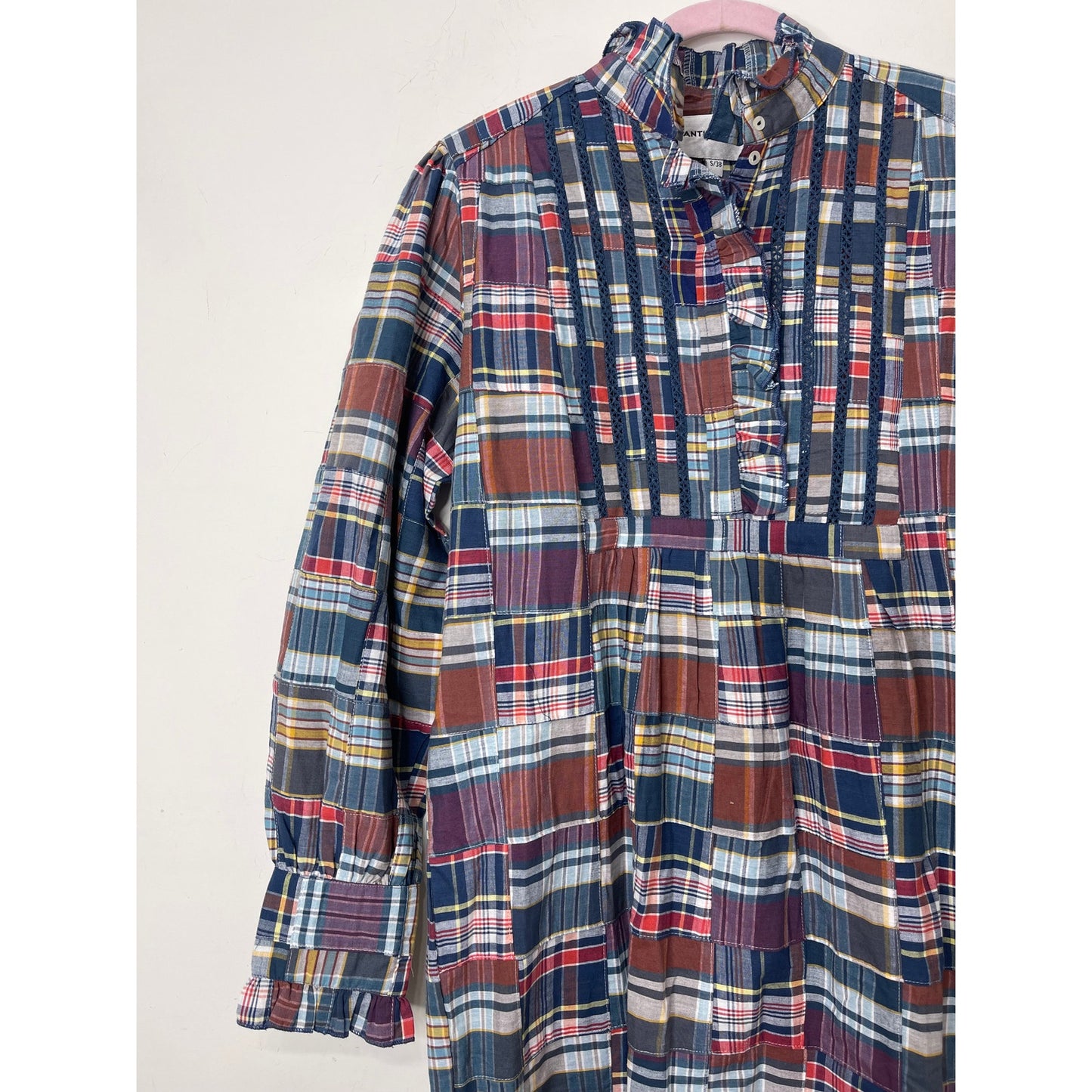Antik Batik Jerro Dress in Blue Patchwork Checked Small/38 Long Sleeve Cotton