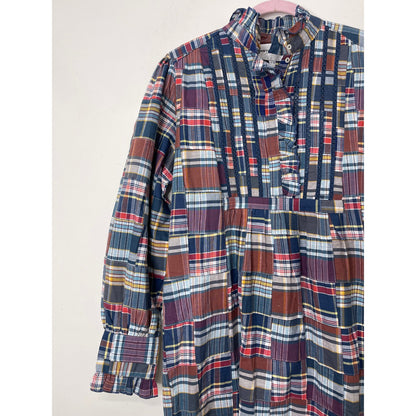 Antik Batik Jerro Dress in Blue Patchwork Checked Small/38 Long Sleeve Cotton