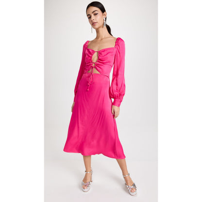 Farm Rio Pink Long Sleeve Cutout Midi Dress Large Long Sleeve Lace Up Satin