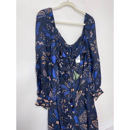 Farm Rio Macaw Forest Cutout Midi Dress Large Black Floral Long Sleeve Tie Front