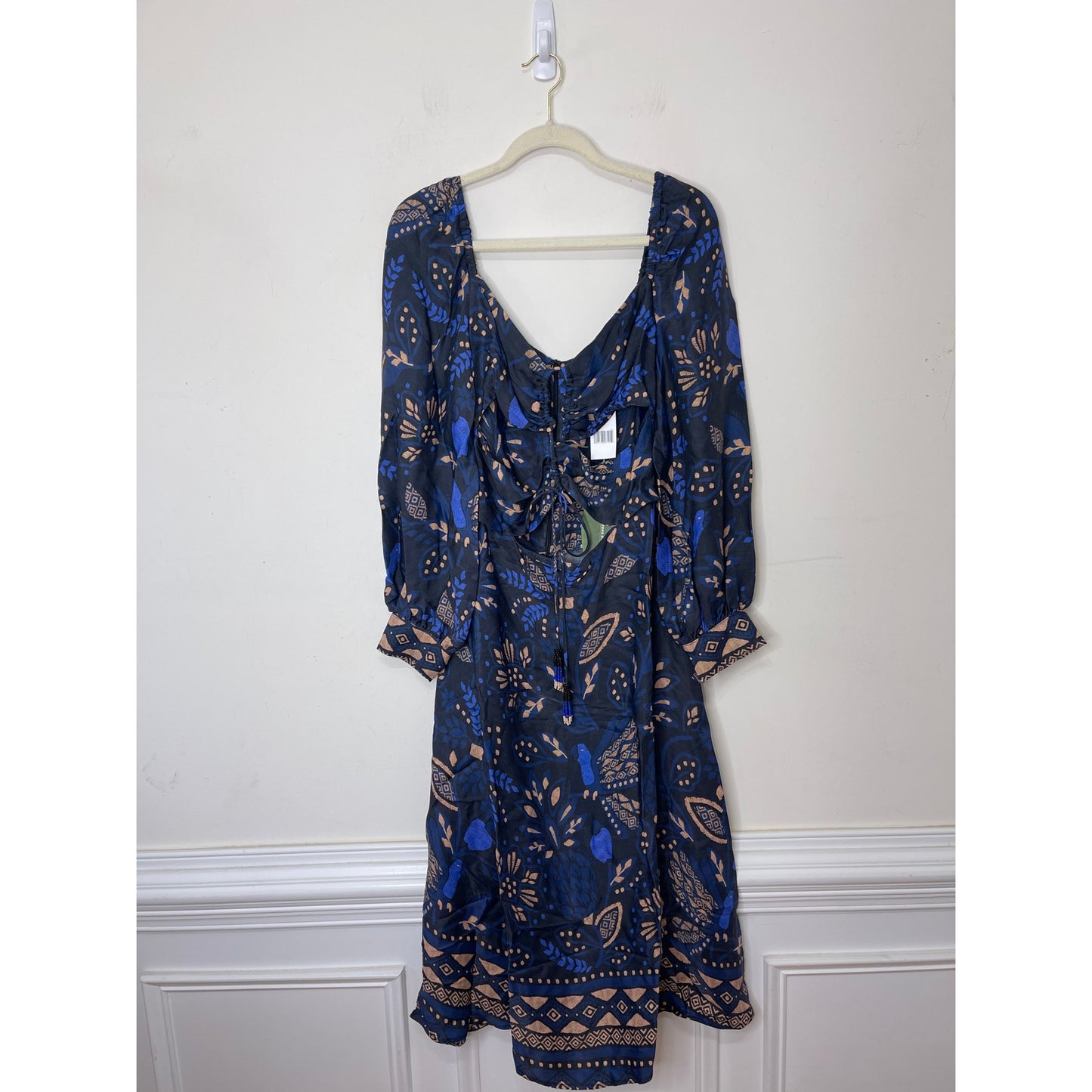 Farm Rio Macaw Forest Cutout Midi Dress Large Black Floral Long Sleeve Tie Front
