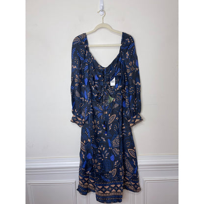 Farm Rio Macaw Forest Cutout Midi Dress Large Black Floral Long Sleeve Tie Front