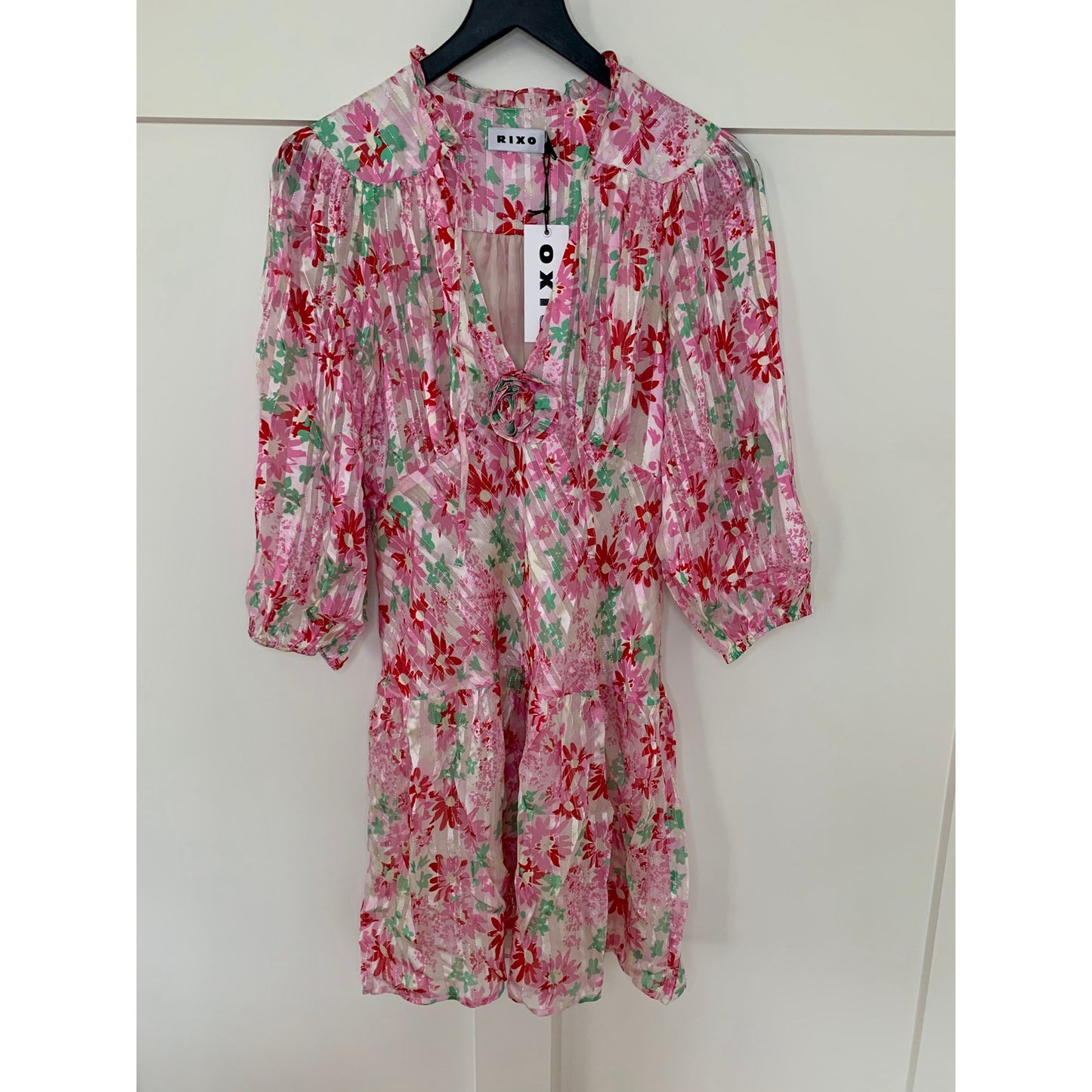 Rixo Mini Dress in Pink Small Floral Long Sleeve Ruffle Deep V-Neck Party