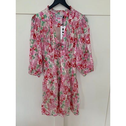 Rixo Mini Dress in Pink Small Floral Long Sleeve Ruffle Deep V-Neck Party