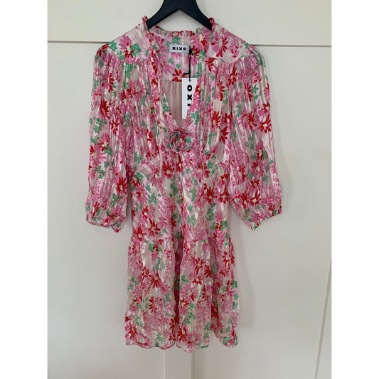 Rixo Mini Dress in Pink Small Floral Long Sleeve Ruffle Deep V-Neck Party