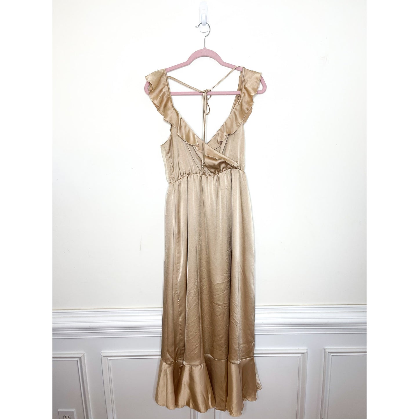 Show Me Your Mumu Samantha Ruffle Wrap Dress in Champagne Luxe Satin Size Large