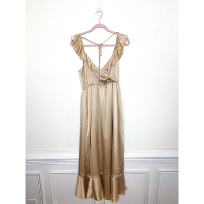Show Me Your Mumu Samantha Ruffle Wrap Dress in Champagne Luxe Satin Size Large