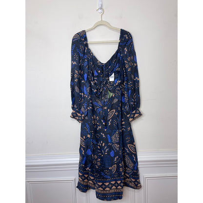 Farm Rio Macaw Forest Cutout Midi Dress Large Black Floral Long Sleeve Tie Front
