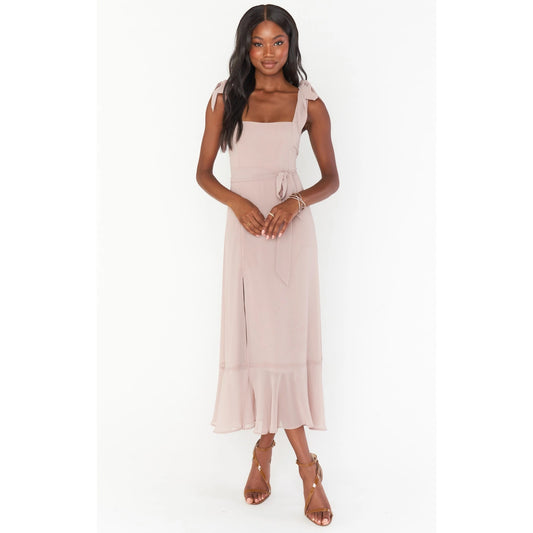 Show Me Your Mumu Claire Midi Dress in Soft Beige Chiffon Size Medium
