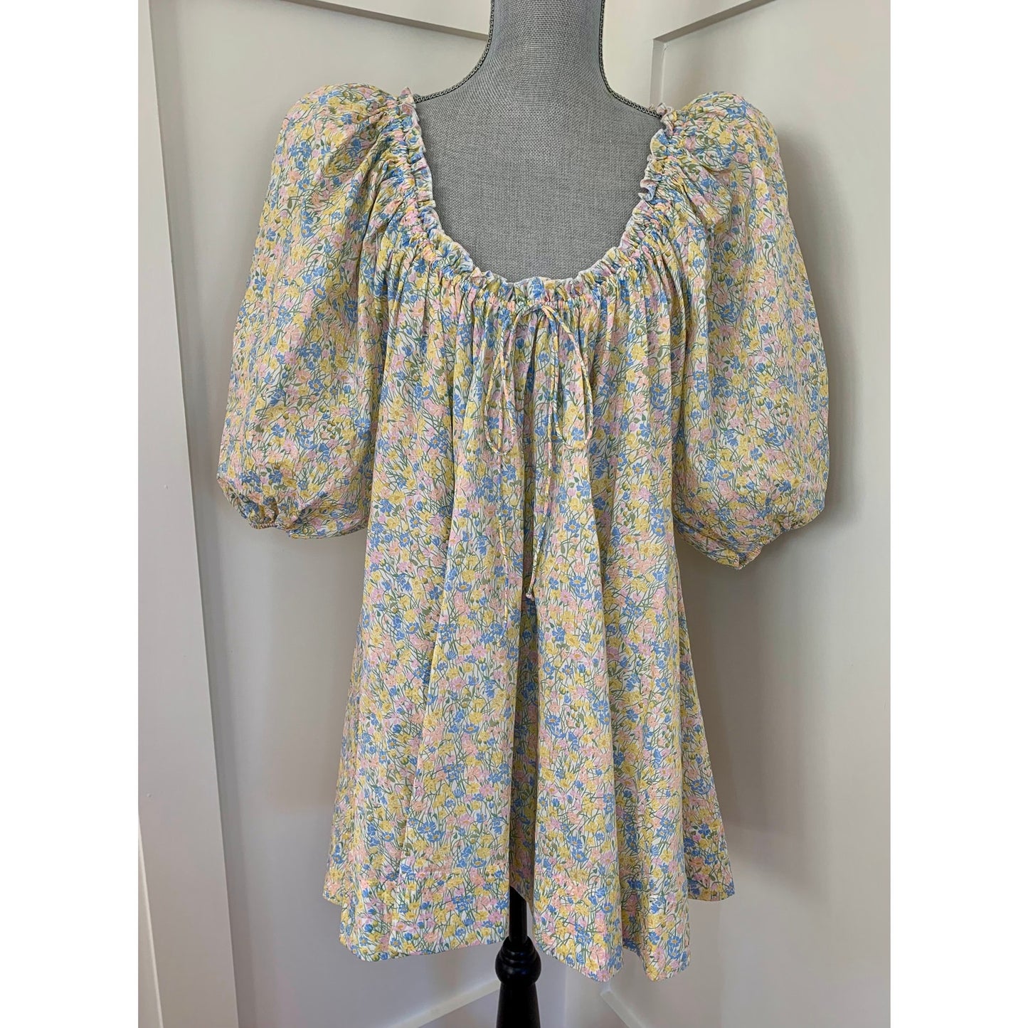 For Love & Lemons Merian Tunic Mini Dress Green Floral Small Short Sleeve Ruffle