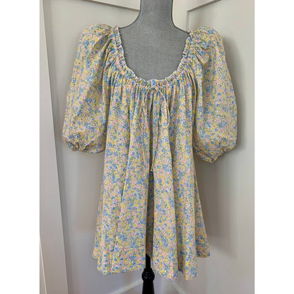 For Love & Lemons Merian Tunic Mini Dress Green Floral Small Short Sleeve Ruffle